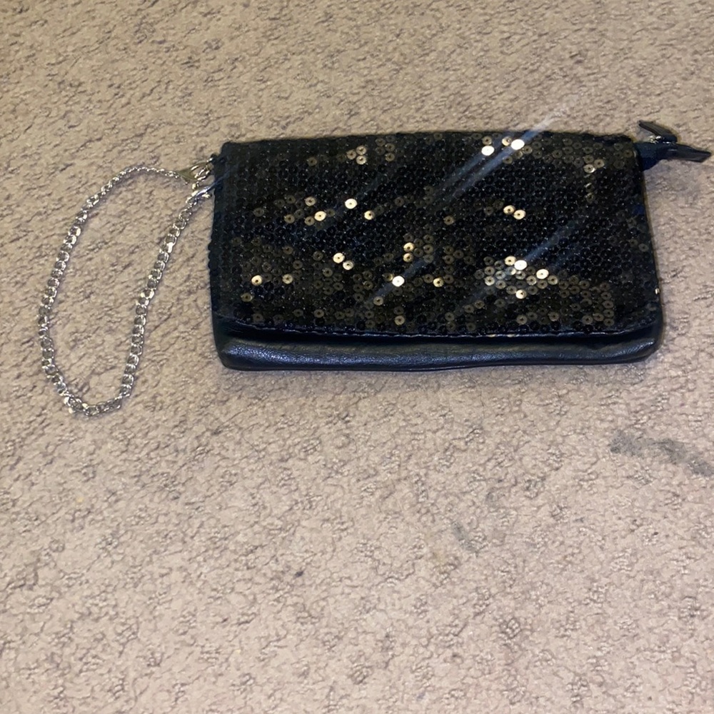 Black sequence and pleather wristlet